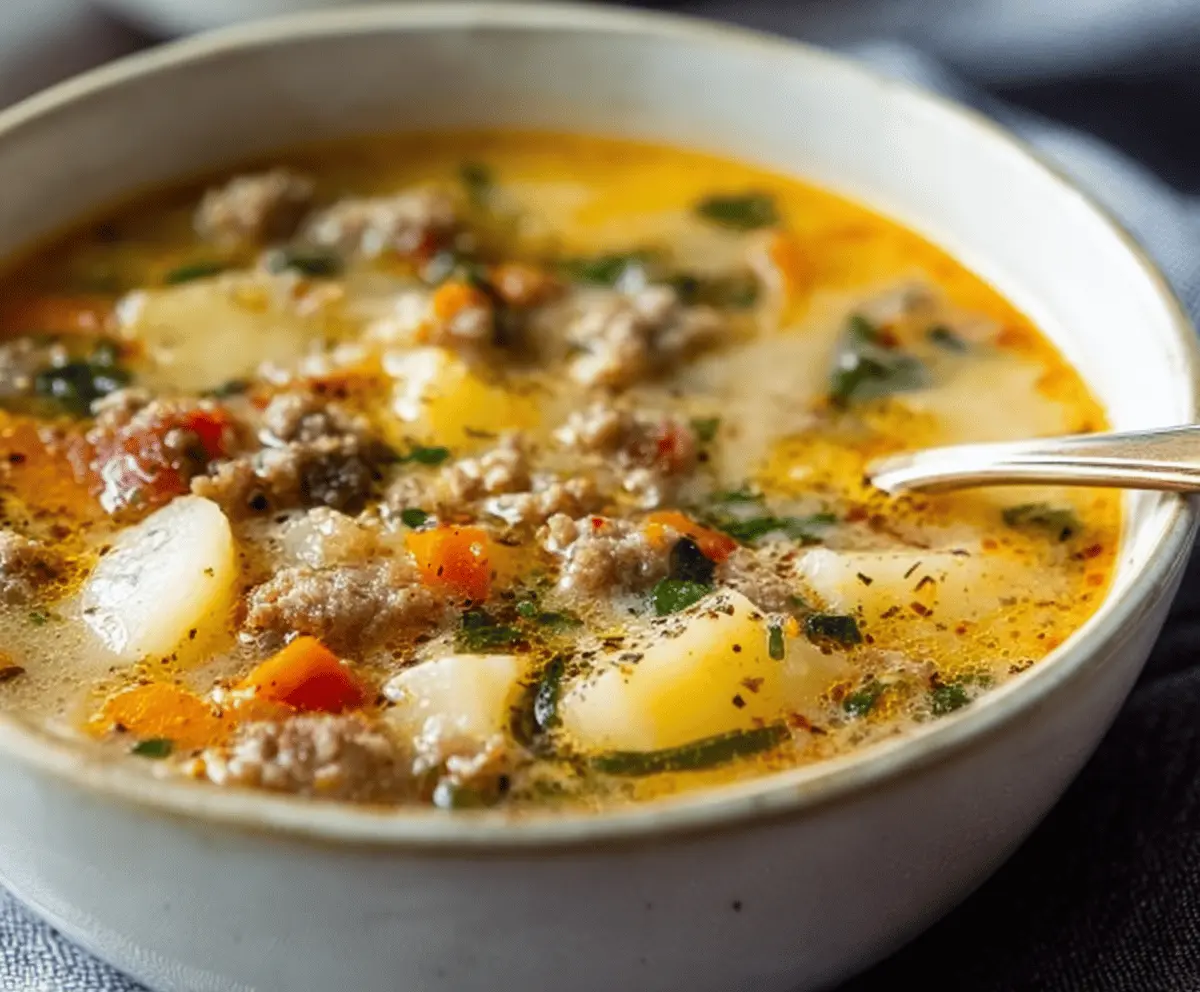 Creamy Italian sausage and potato soup in a bowl garnished with fresh herbs, served with a side of crusty bread