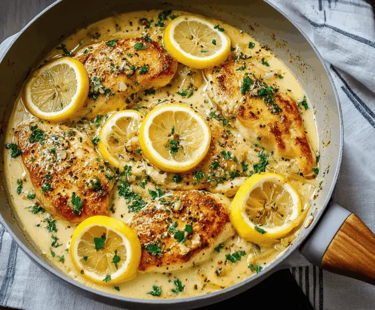 Juicy lemon garlic chicken cooking in a skillet with fresh herbs and lemon slices, ready to serve.