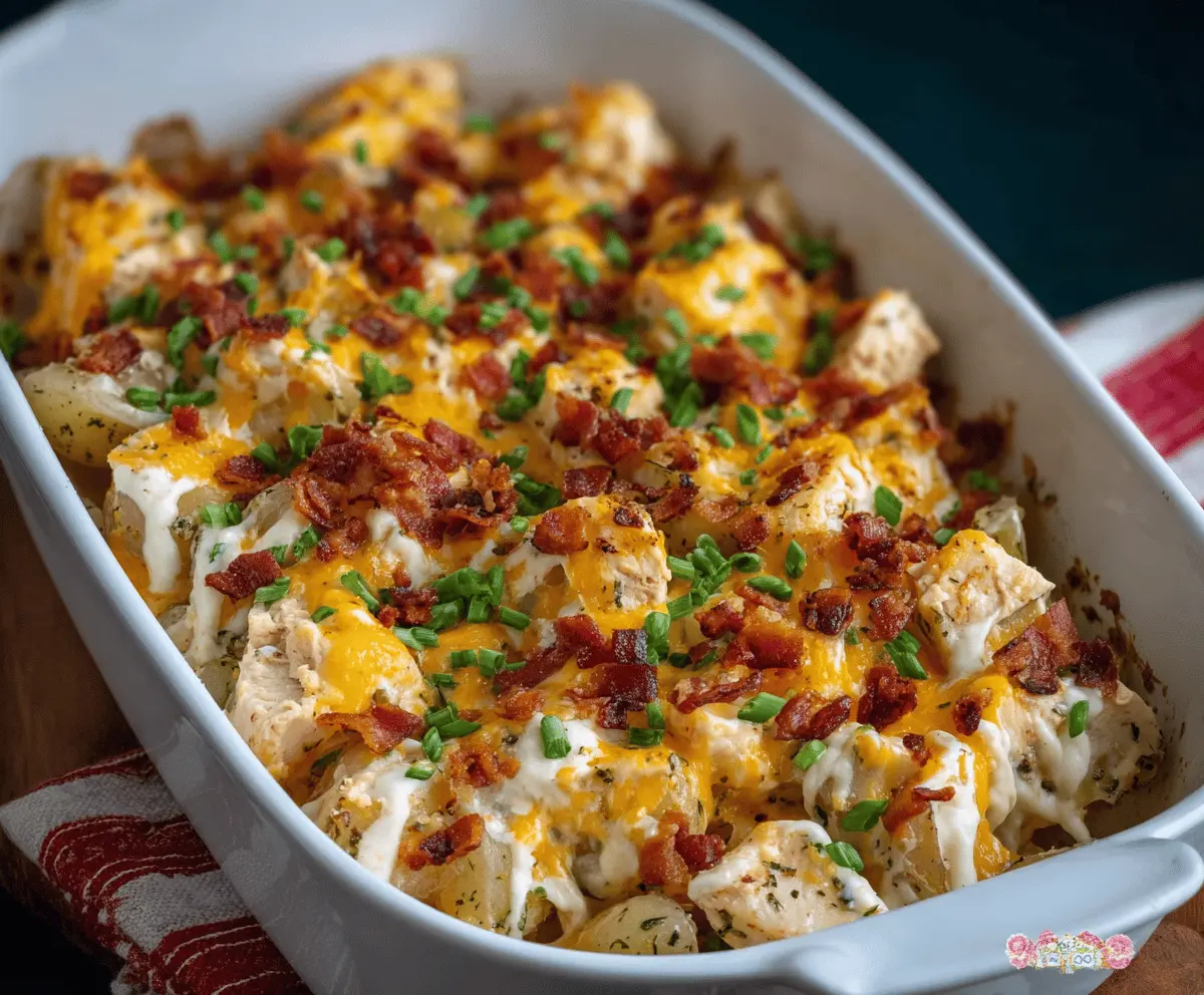 Loaded Potato Ranch Chicken Casserole with crispy bacon, melted cheese, and fresh herbs in a baking dish.