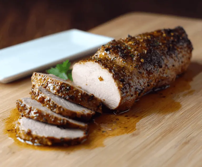 Juicy maple mustard glazed pork tenderloin served with roasted vegetables on a white plate