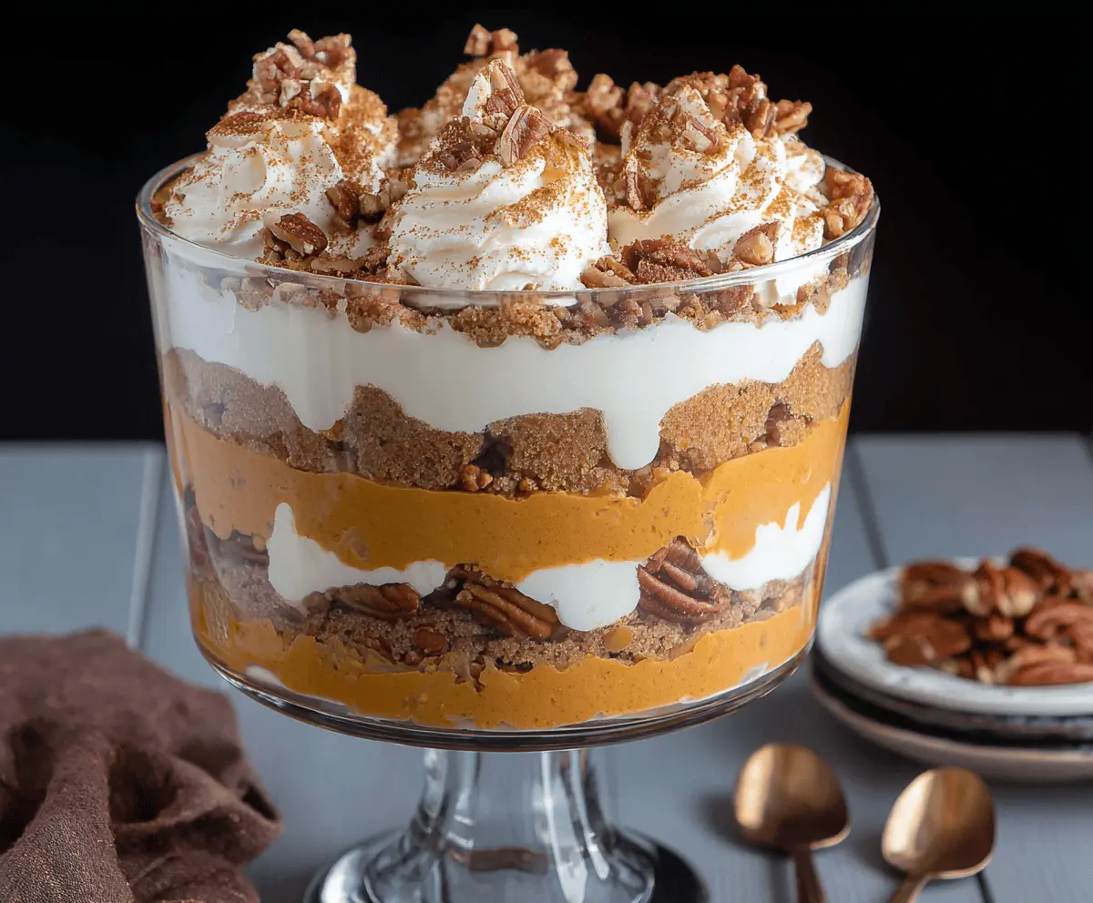 Delicious Maple Pecan & Pumpkin Cheesecake Trifle layered with creamy cheesecake, crunchy pecans, and spiced pumpkin in a glass bowl.