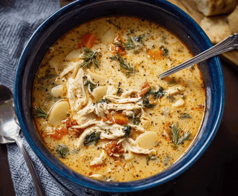Creamy Marry Me Chicken Soup with tender chicken, fresh herbs, and cheesy broth in a comforting bowl