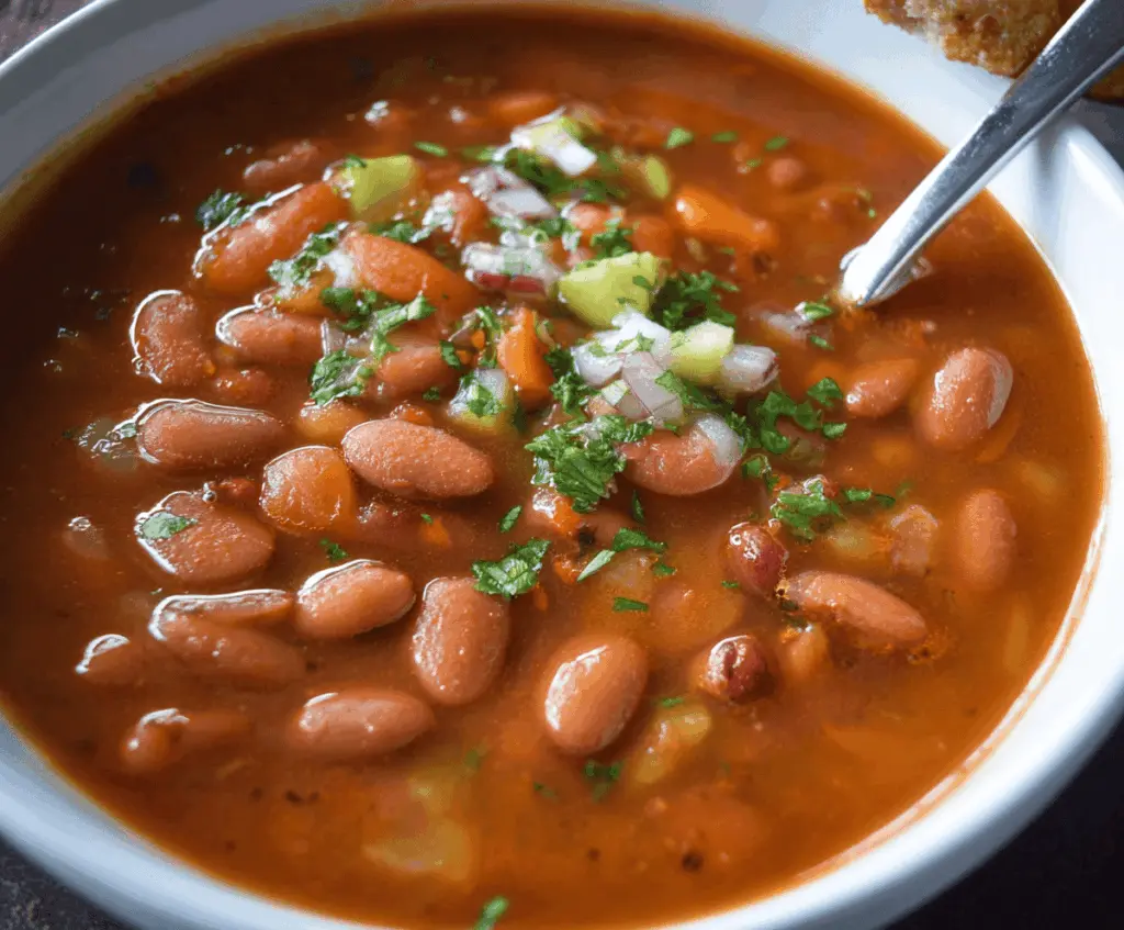 A bowl of hearty Mexican Pinto Bean Soup garnished with chopped cilantro, lime wedges, and sliced jalapenos, served with tortilla chips on the side.