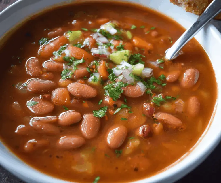 A bowl of hearty Mexican Pinto Bean Soup garnished with chopped cilantro, lime wedges, and sliced jalapenos, served with tortilla chips on the side.