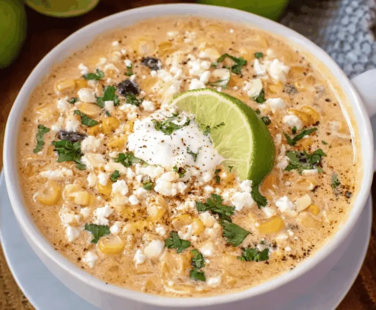 Creamy Mexican street corn soup served in a crockpot, topped with cheese, cilantro, and lime wedge, perfect for a flavorful and comforting meal.
