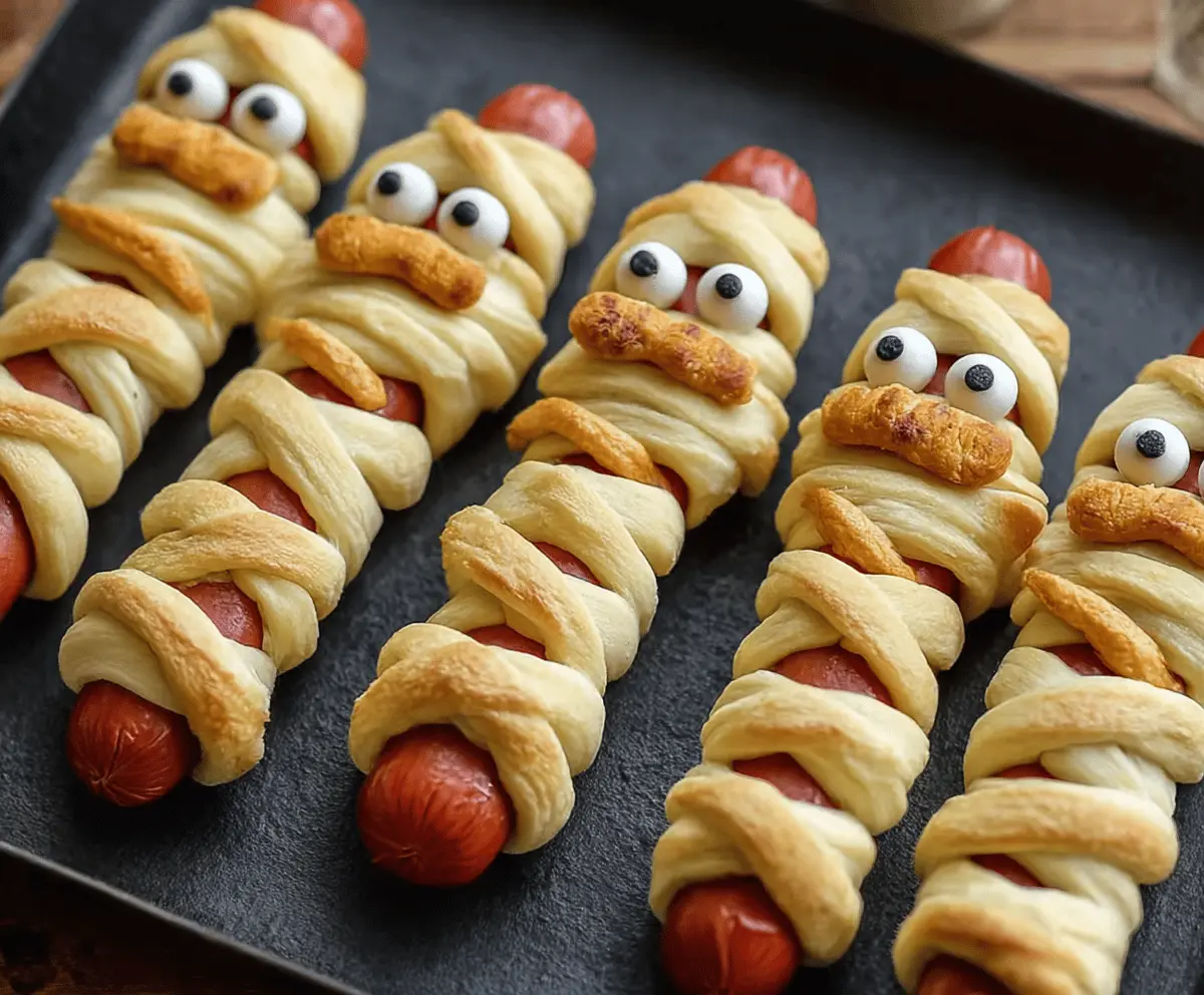 Cute mummy hot dogs wrapped in crescent roll bandages with spooky eyes, perfect for Halloween party snacks.