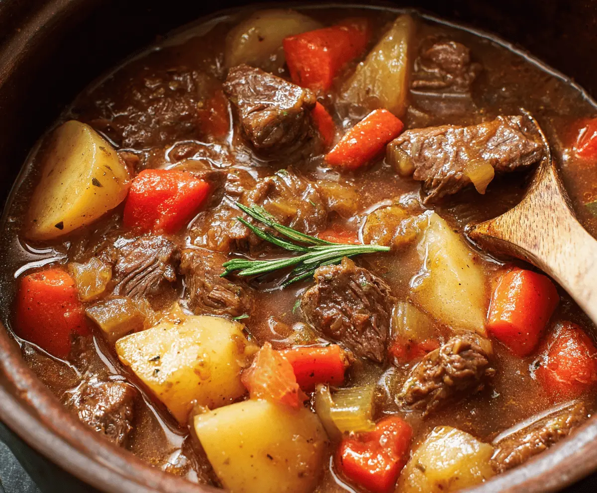 Hearty old fashioned beef stew served in a rustic bowl with vegetables and tender beef chunks.