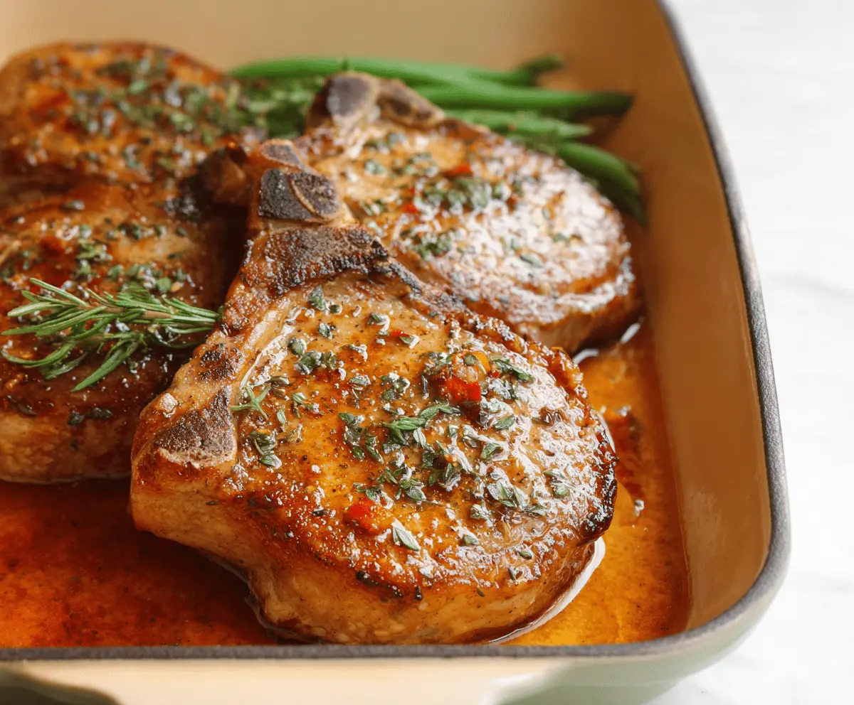 Juicy oven baked pork chops seasoned and cooked to perfection on a baking sheet, ready to serve.