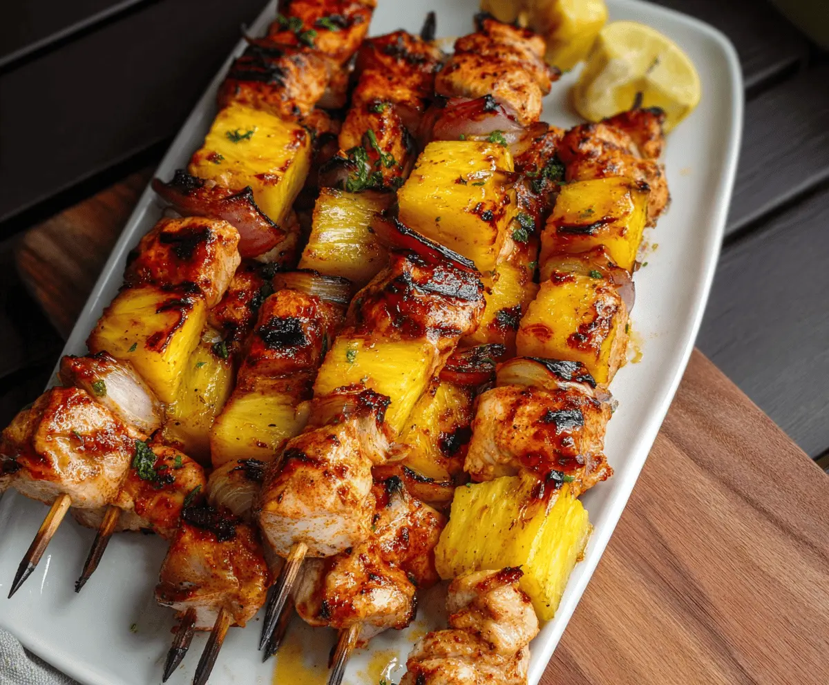 Juicy pineapple and tender chicken kabobs grilled to perfection with colorful vegetables on skewers, ideal for a tasty summer meal.
