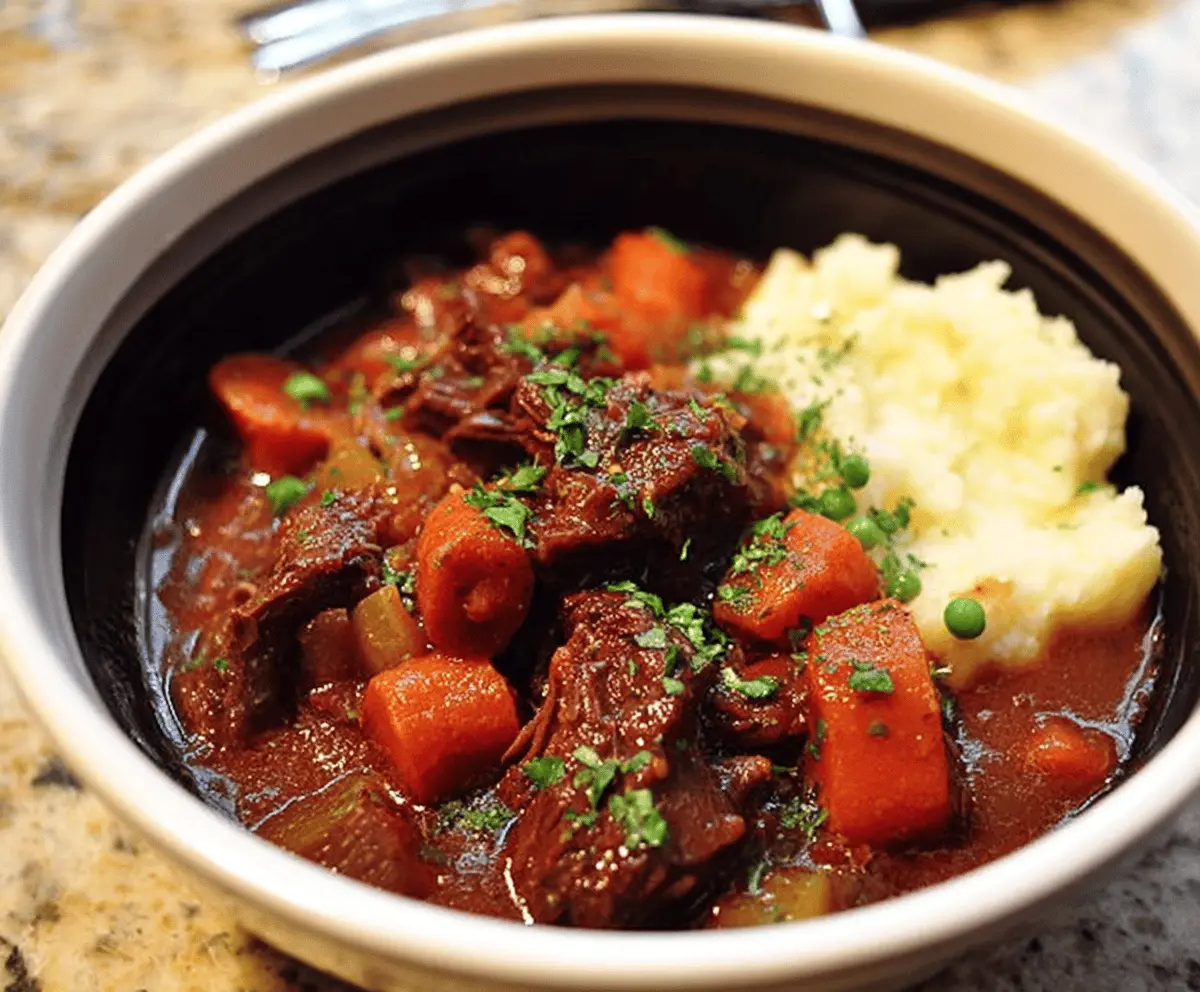 Hearty Pioneer Woman's Crockpot Beef Stew with tender beef, vegetables, and savory broth in a slow cooker