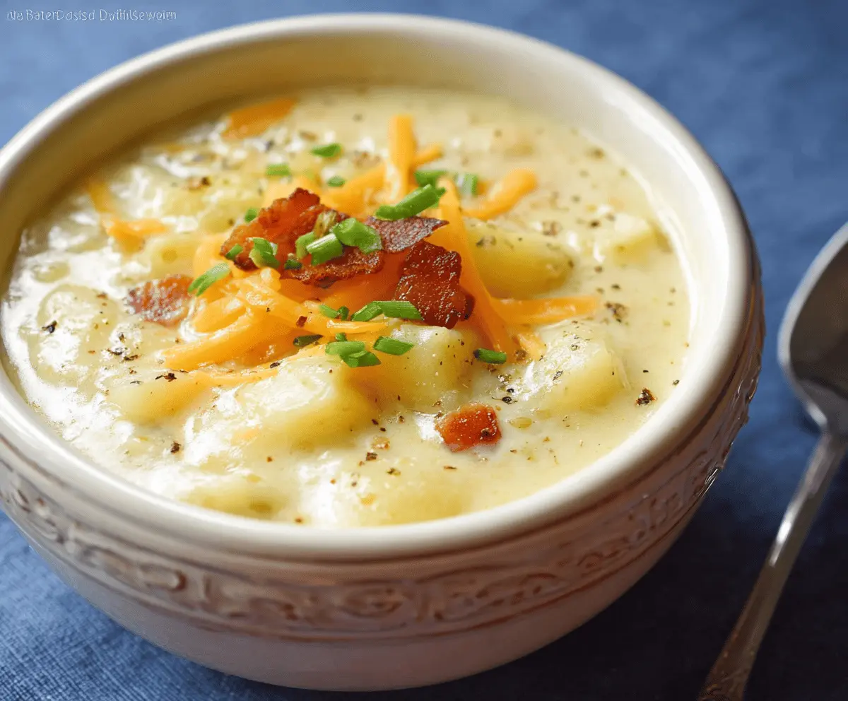 Creamy potato soup in a bowl garnished with chives and cheese, perfect for a cozy meal