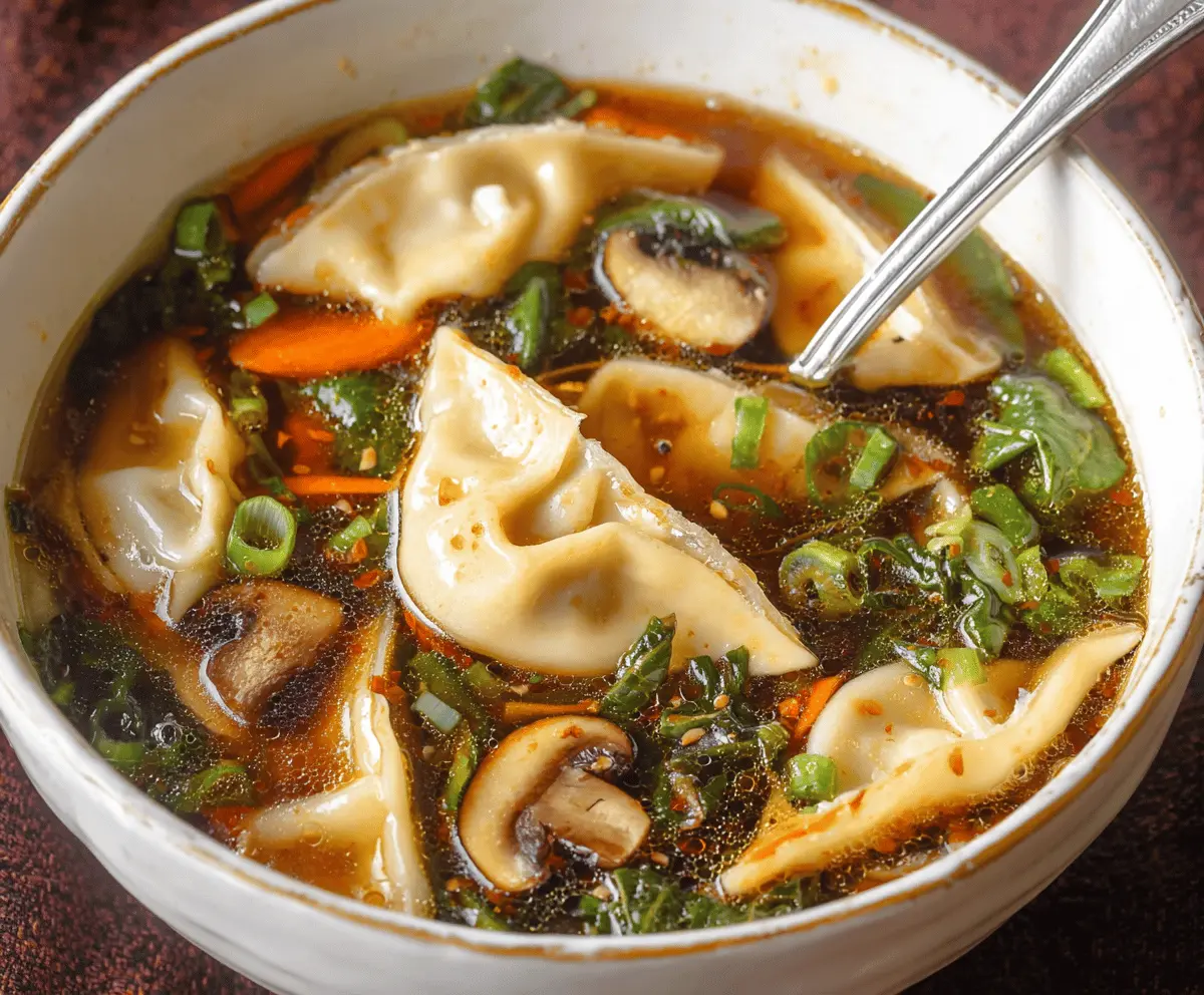 Delicious potsticker soup with crispy potstickers, fresh vegetables, and flavorful broth served in a bowl