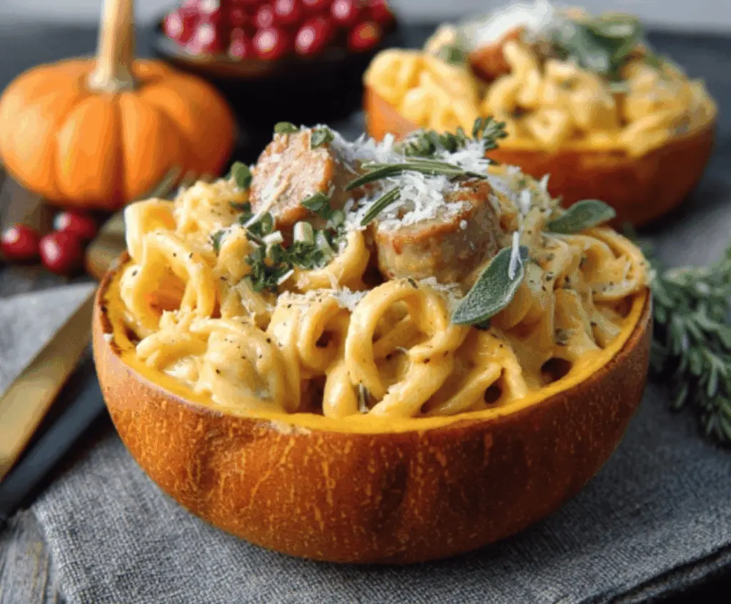 Creamy pumpkin Alfredo pasta served in spooky cauldrons, perfect for a festive fall Halloween dinner.