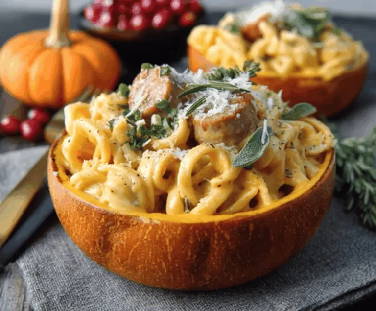 Creamy pumpkin Alfredo pasta served in spooky cauldrons, perfect for a festive fall Halloween dinner.