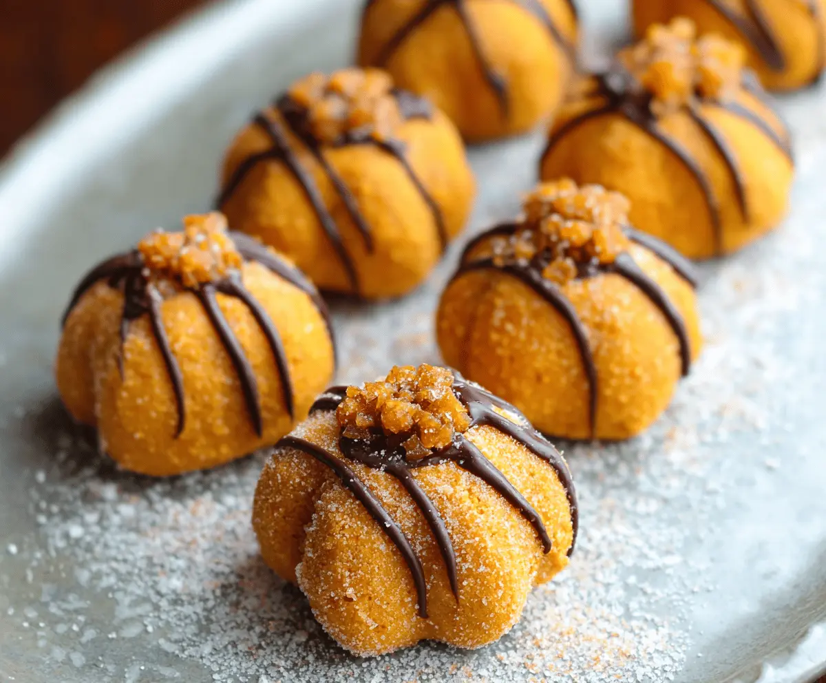 Creamy Pumpkin Cheesecake Truffles on a decorative plate, perfect for fall desserts.