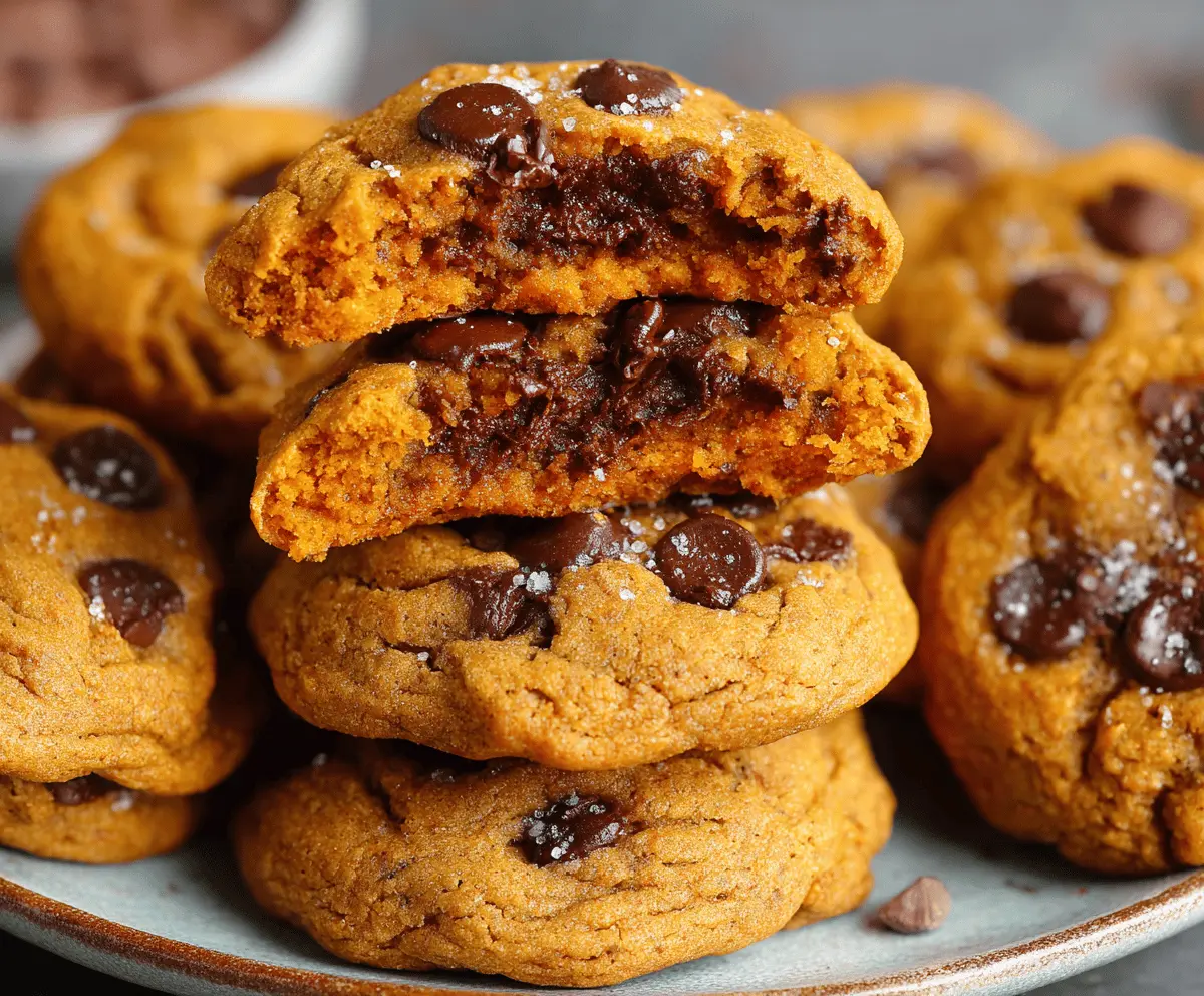 Delicious homemade pumpkin chocolate chip cookies with melted chocolate chunks and warm spices on a rustic wooden surface