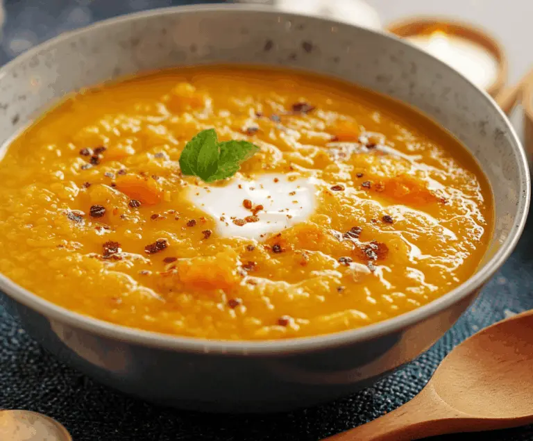 Creamy Pumpkin Curry Soup garnished with fresh herbs in a rustic bowl, perfect for a cozy fall meal.