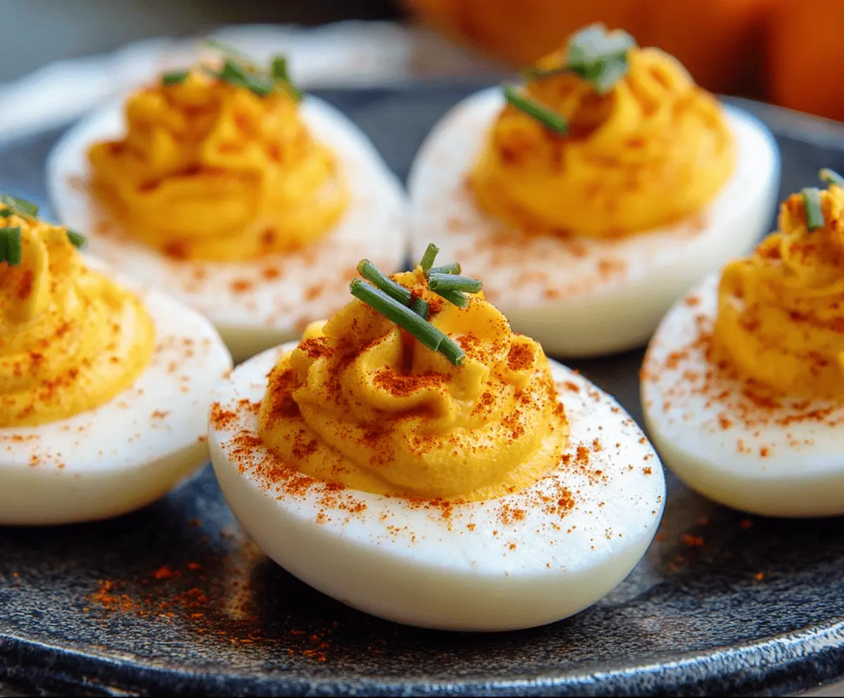 Delicious Pumpkin Patch Deviled Eggs garnished with paprika and chives, perfect for fall-themed gatherings and Halloween parties.