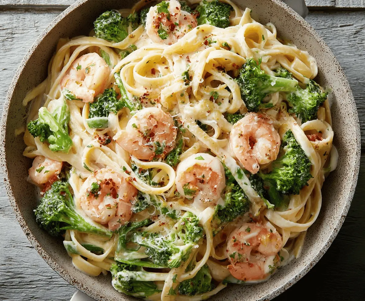 Creamy shrimp and broccoli Alfredo dish with tender shrimp, fresh broccoli florets, and rich Alfredo sauce served over pasta.