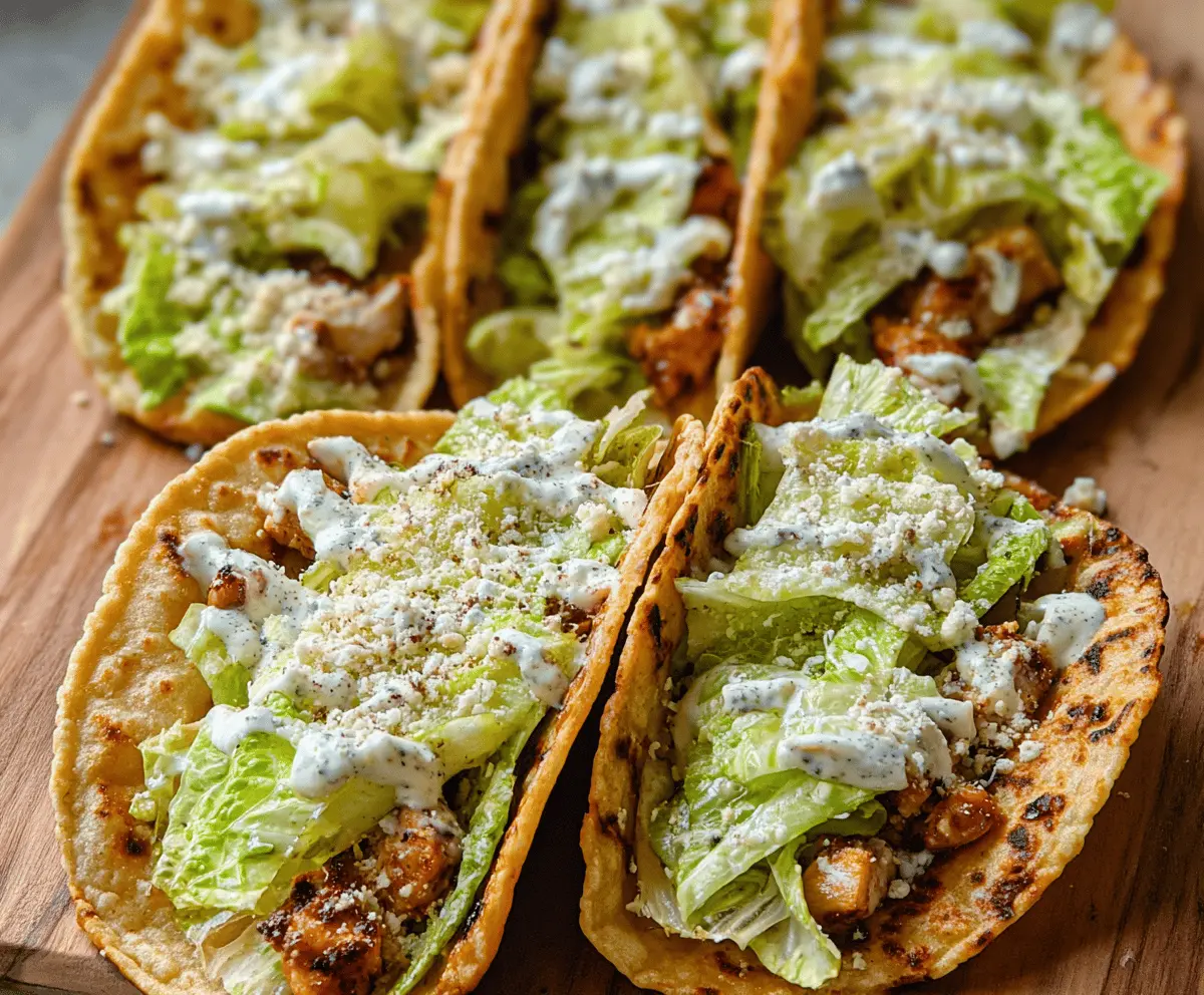 Delicious Smash Chicken Caesar Tacos topped with fresh lettuce and Parmesan cheese