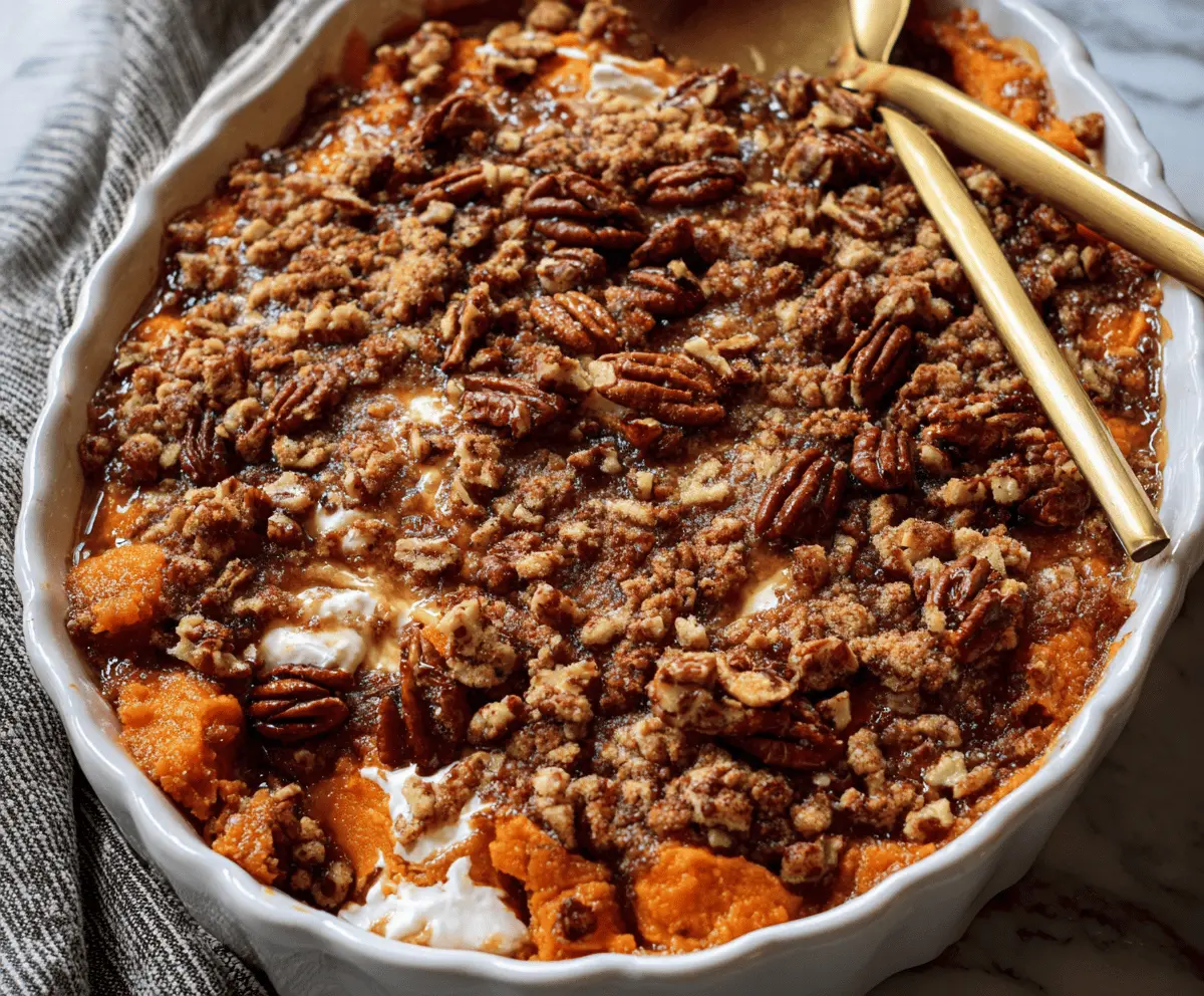 Delicious Southern Maple Sweet Potato Casserole topped with toasted marshmallows and pecans, ready to serve