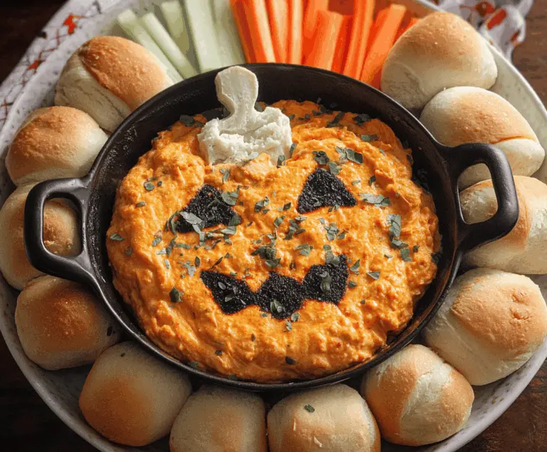 Spooky Halloween Buffalo Dip served in a festive bowl with celery sticks and tortilla chips, perfect for Halloween party snacks