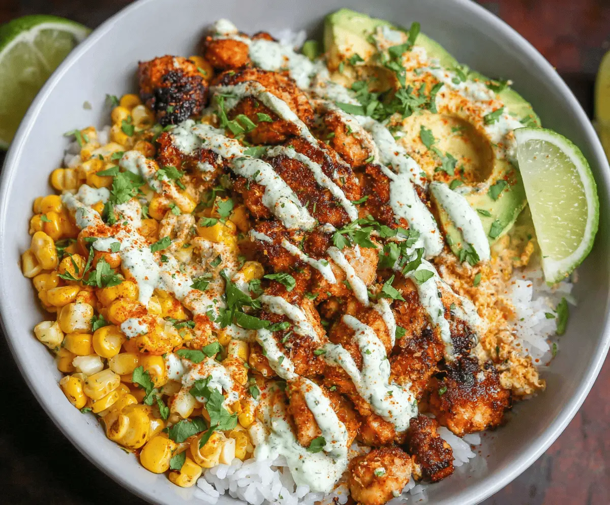Delicious street corn chicken rice bowl featuring grilled chicken, creamy corn, fresh herbs, and vibrant vegetables in a flavorful Asian-inspired dish.
