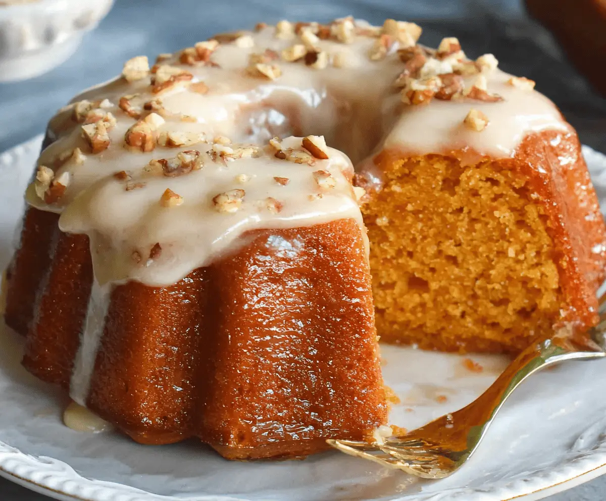Delicious sweet potato butter cake topped with a shiny glaze, perfect for dessert or special occasions.