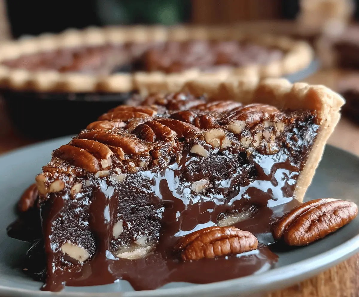 Delicious slice of Texas Chocolate Pecan Pie with rich chocolate filling and toasted pecans on top.