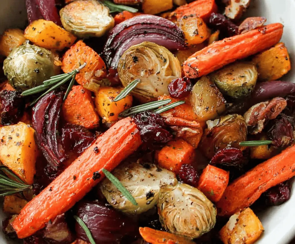 Colorful roasted vegetables for a festive Thanksgiving feast, including carrots, Brussels sprouts, and sweet potatoes.