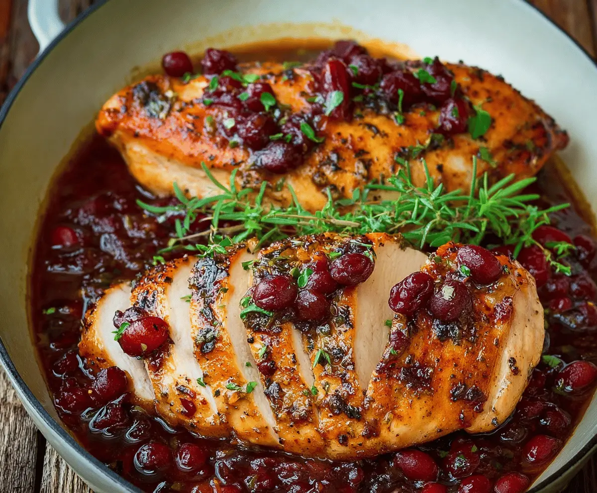 Juicy roasted turkey breast served with vibrant cranberry orange sauce, garnished with fresh herbs for a delicious holiday main dish.