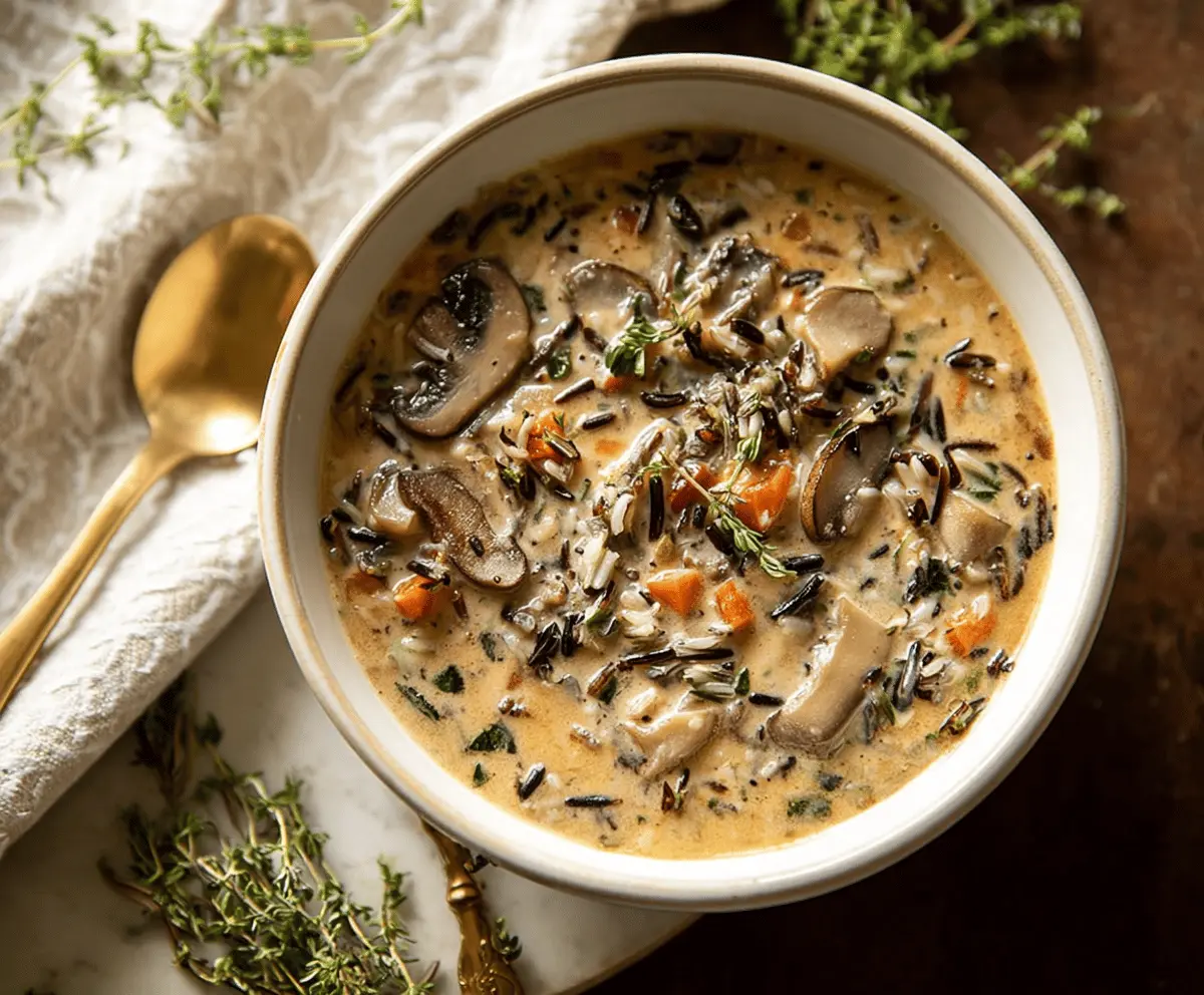 Creamy wild rice mushroom soup garnished with fresh herbs in a rustic bowl, highlighting a hearty and savory vegan-friendly dish.