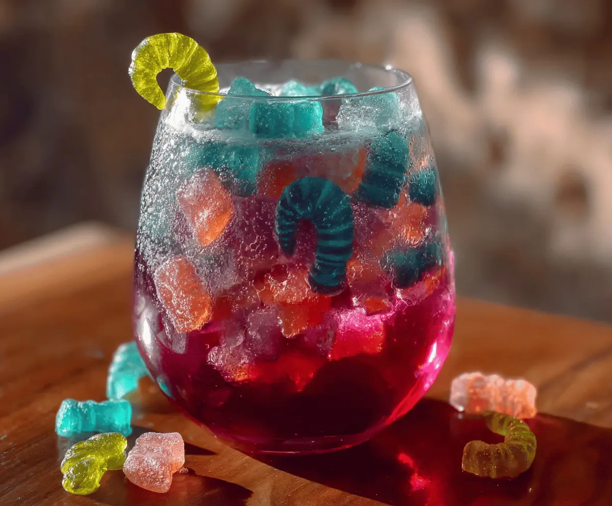 Colorful Witch’s Potion Punch served in a spooky cauldron with dry ice fog, garnished with gummy worms and floating eyeballs for a Halloween party drink.