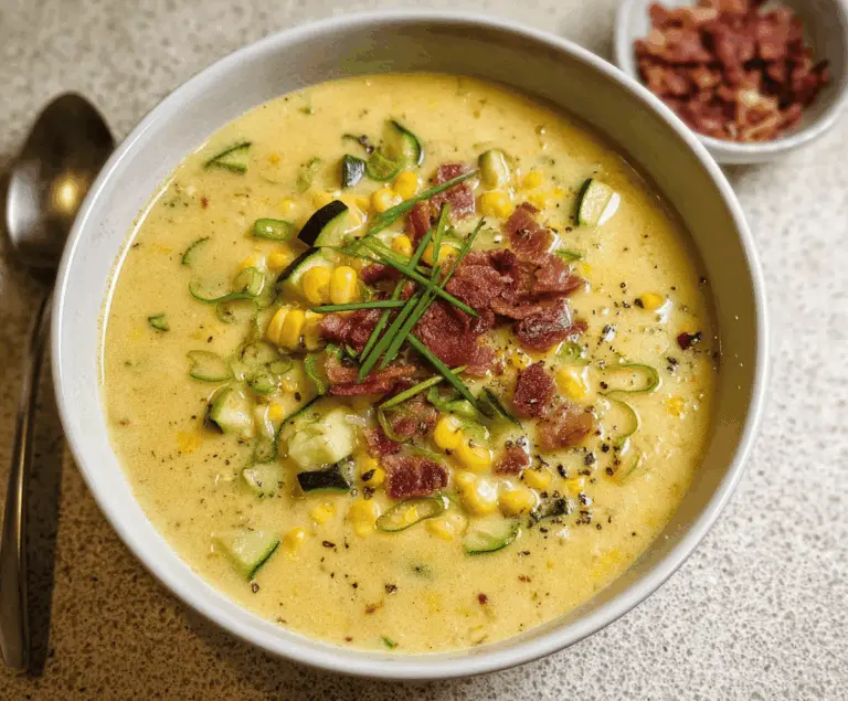 Creamy zucchini and corn chowder served in a bowl with fresh herbs, perfect for a comforting vegetarian meal.
