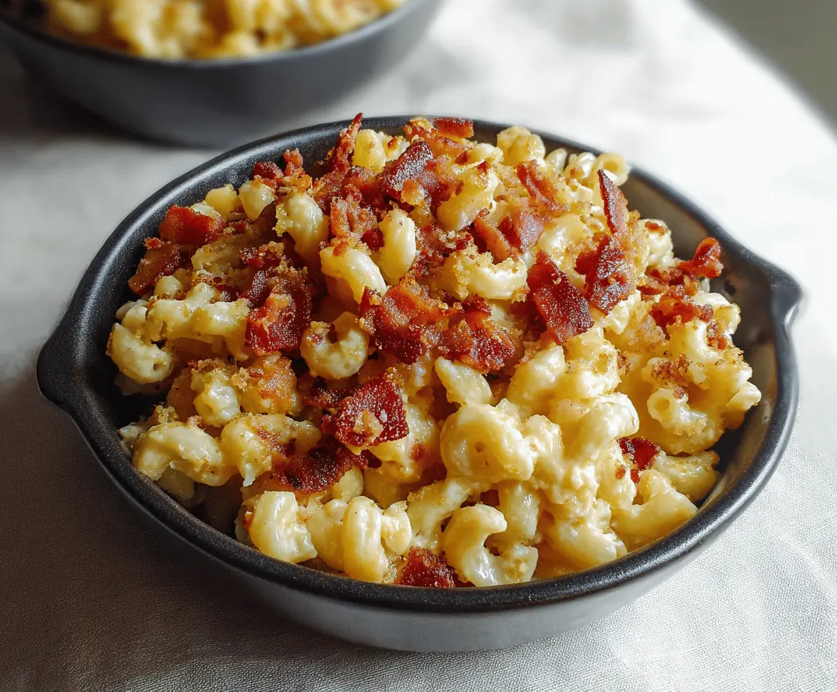 Creamy Bacon Mac and Cheese with crispy bacon bits and melted cheese over pasta.
