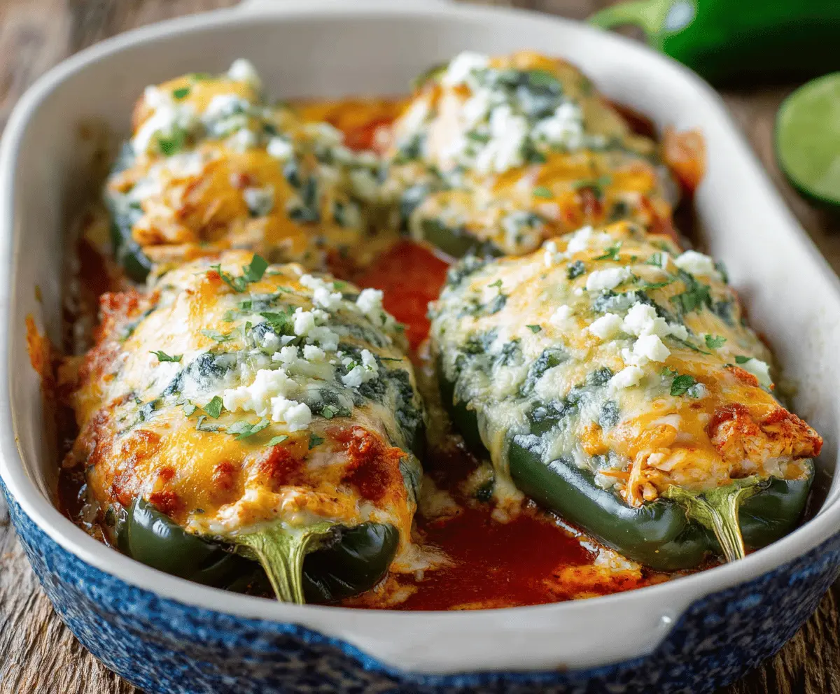 Delicious baked chicken chili relleno topped with melted cheese and fresh herbs.