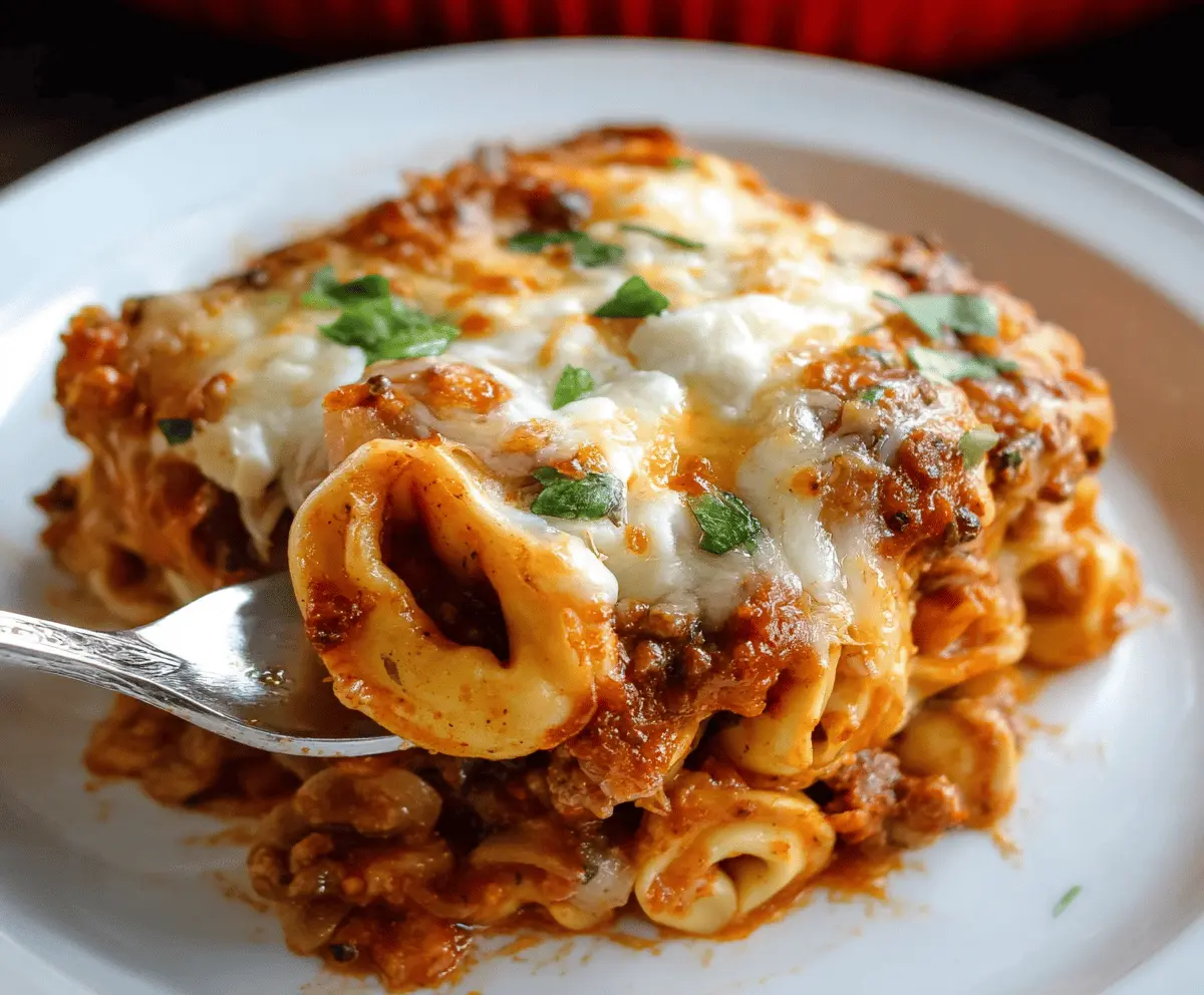 Delicious baked tortellini lasagna with melted cheese and rich tomato sauce, served in a baking dish.