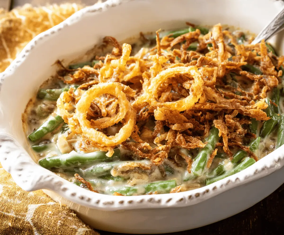 Delicious Barefoot Contessa Green Bean Casserole with crispy onions and fresh green beans, perfect for holiday dinners.