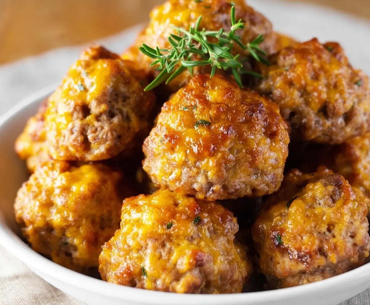 Delicious homemade Bisquick sausage balls on a plate for breakfast or party snacks