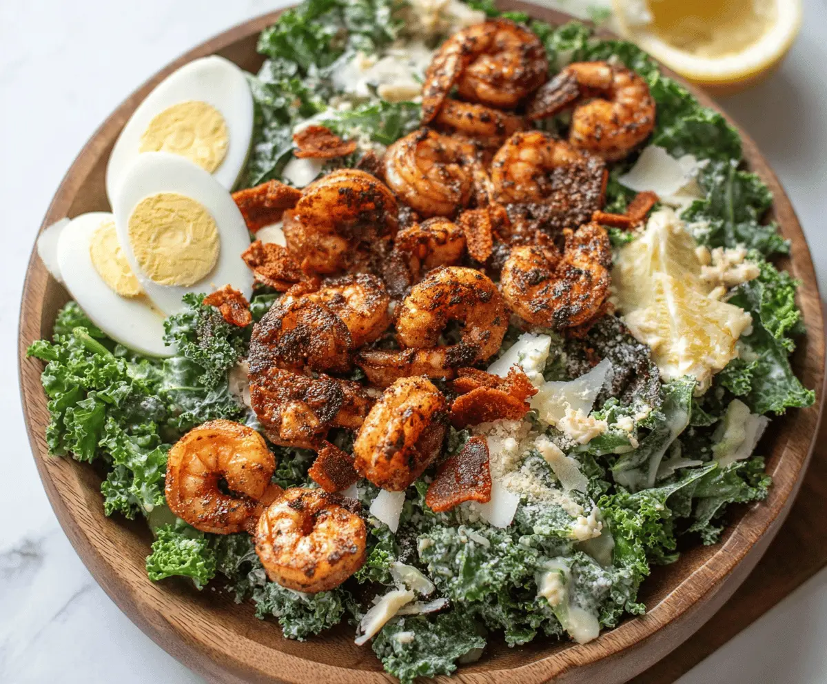 Blackened shrimp kale Caesar salad on a plate, garnished with fresh lemon and parmesan cheese.
