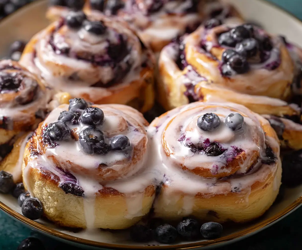 Delicious blueberry cinnamon rolls topped with icing, perfect for breakfast or dessert.