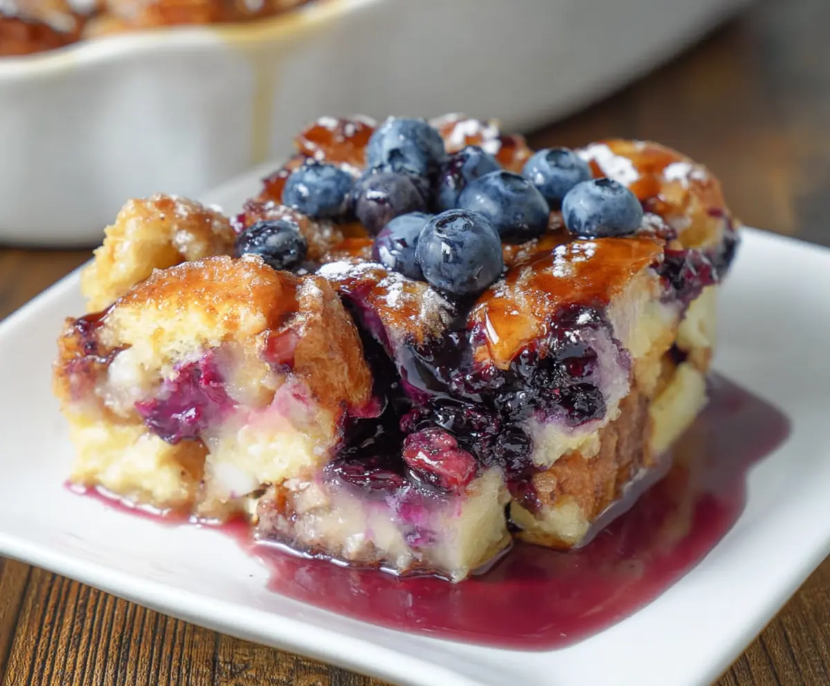 Delicious Blueberry French Toast Casserole topped with fresh blueberries and powdered sugar.