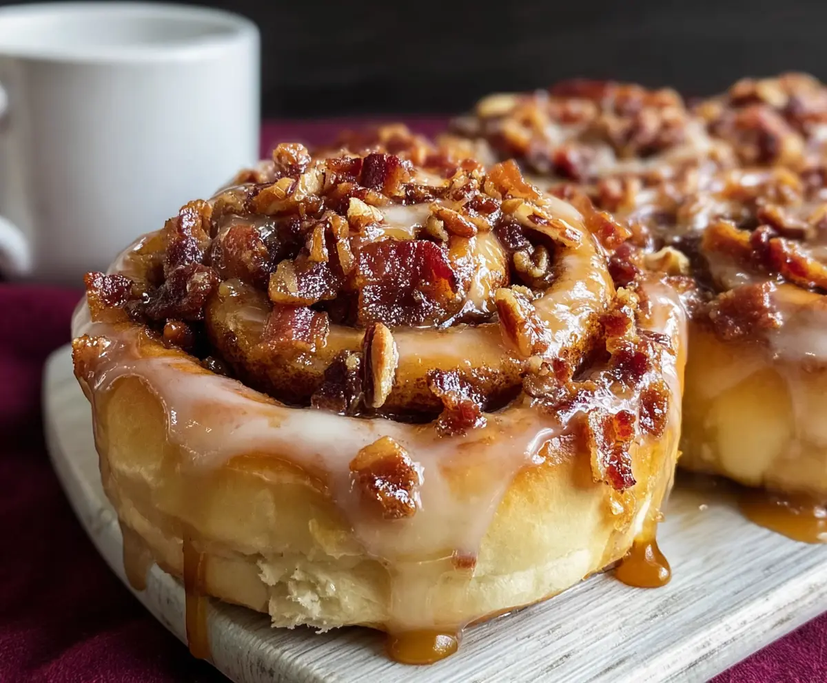 Delicious bourbon maple bacon cinnamon rolls with a golden-brown glaze and crispy bacon topping