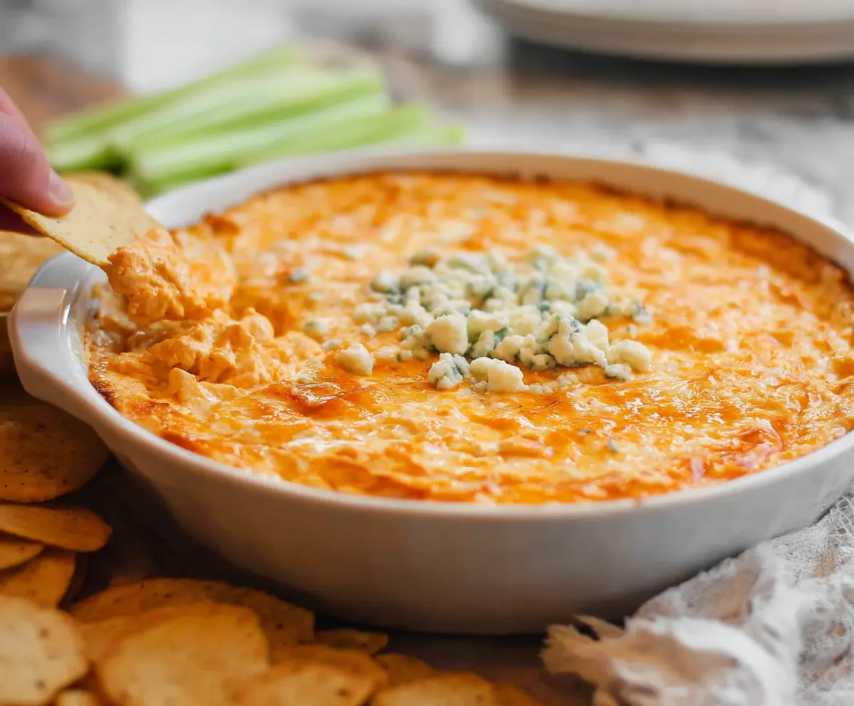 Creamy Buffalo Chicken Dip served with celery sticks and tortilla chips, perfect for parties and game day snacks.