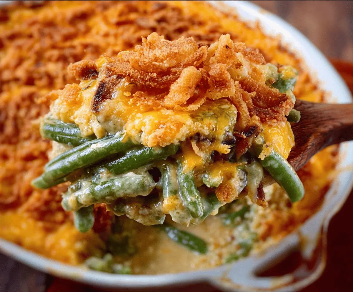 Delicious Cheddar Bay Green Bean Casserole with melted cheese and crispy toppings, served as a holiday side dish.