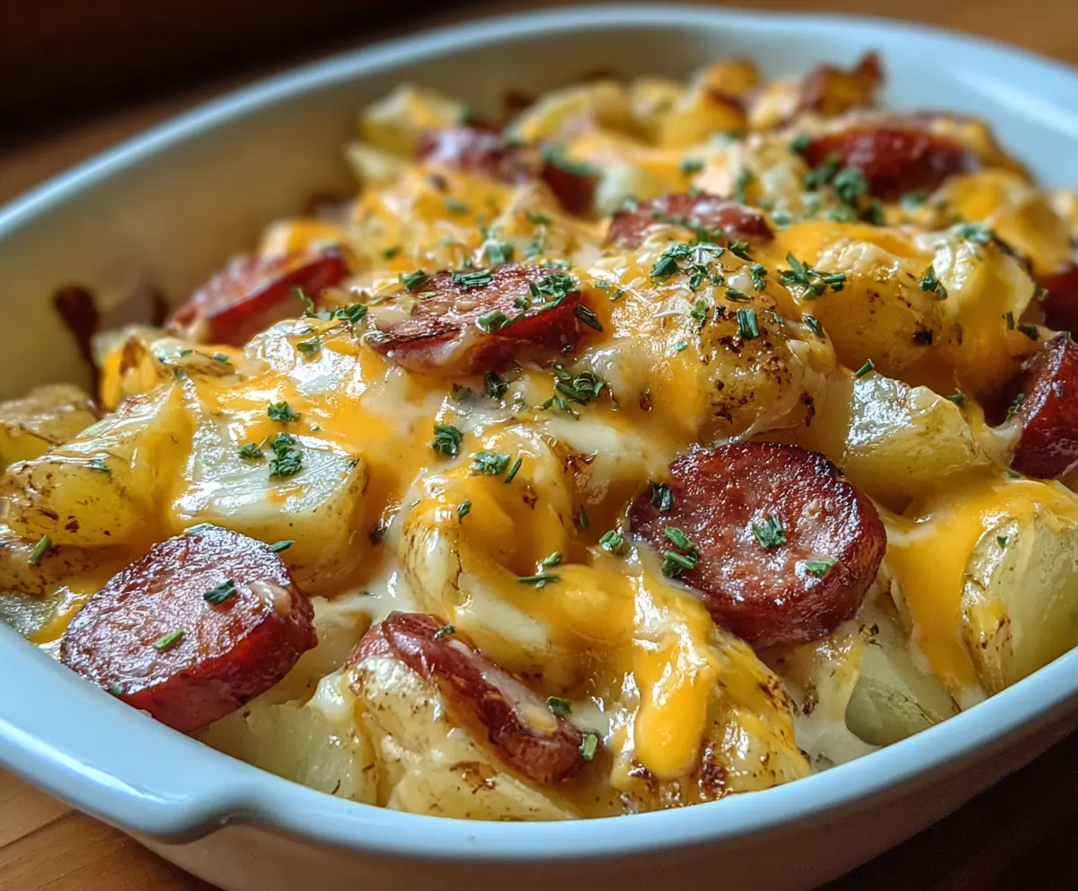 Delicious Cheesy Ranch Potatoes with Smoked Sausage on a plate, garnished with herbs.