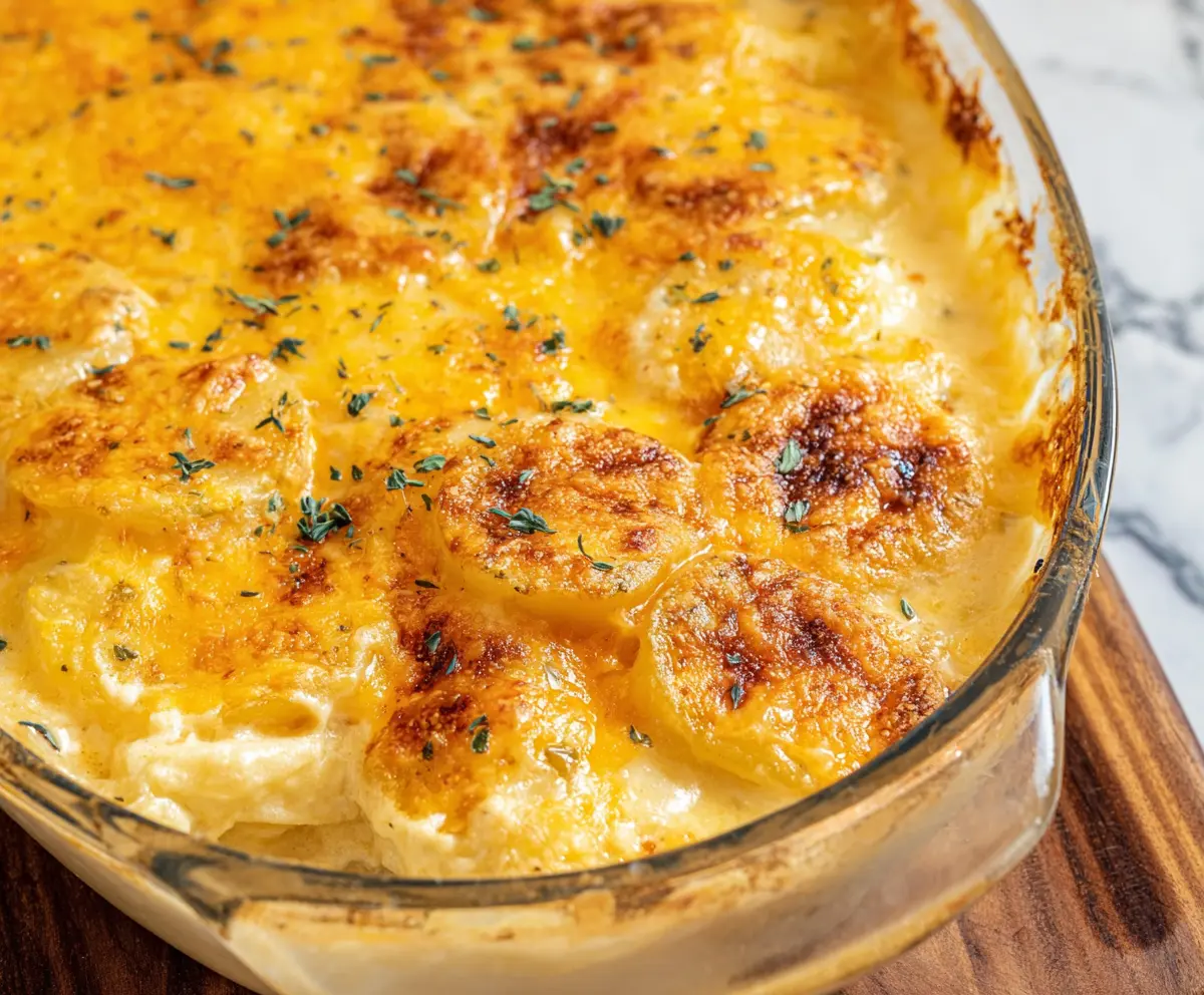 Delicious cheesy scalloped potatoes with melted cheese and creamy sauce served in a bowl.