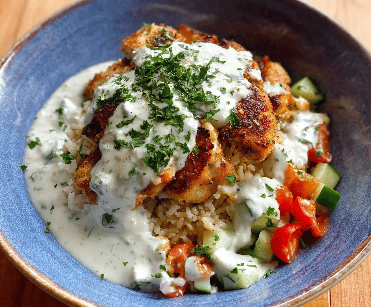 Delicious chicken and rice bowls topped with creamy garlic sauce, perfect for a satisfying meal.