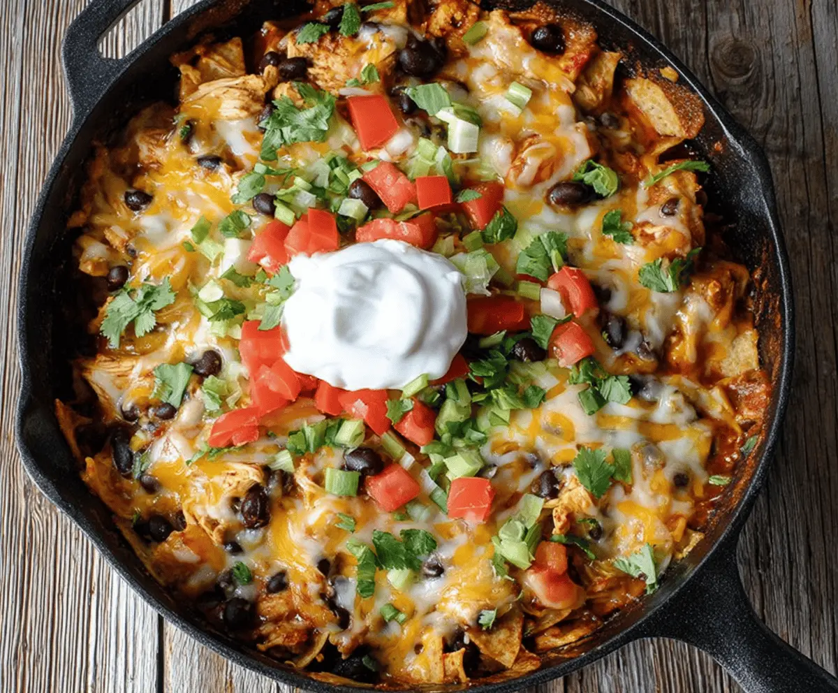 Delicious Chicken Black Bean Enchilada Skillet with melted cheese and fresh ingredients, perfect for a quick and flavorful meal.