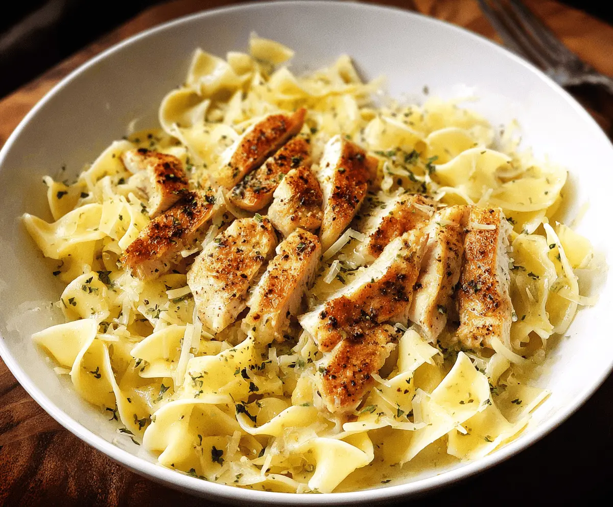 Creamy chicken buttered noodles served on a plate, garnished with herbs for a delicious meal.